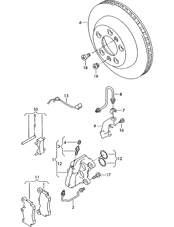 Схема тормозного механизма с неподвижной скобой (диск тормозной вентилируемый)